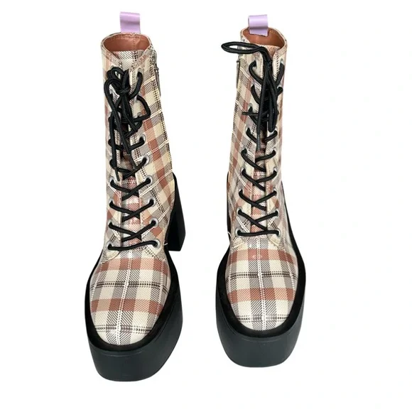 Larroude Olivia Bootie lace-up Plaid platform 6.5